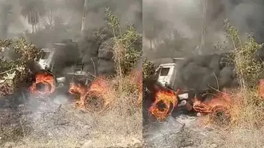 नर्मदापुरम: ट्रक और डंपर में जोरदार टक्कर, आग का गोला बना ट्रक 